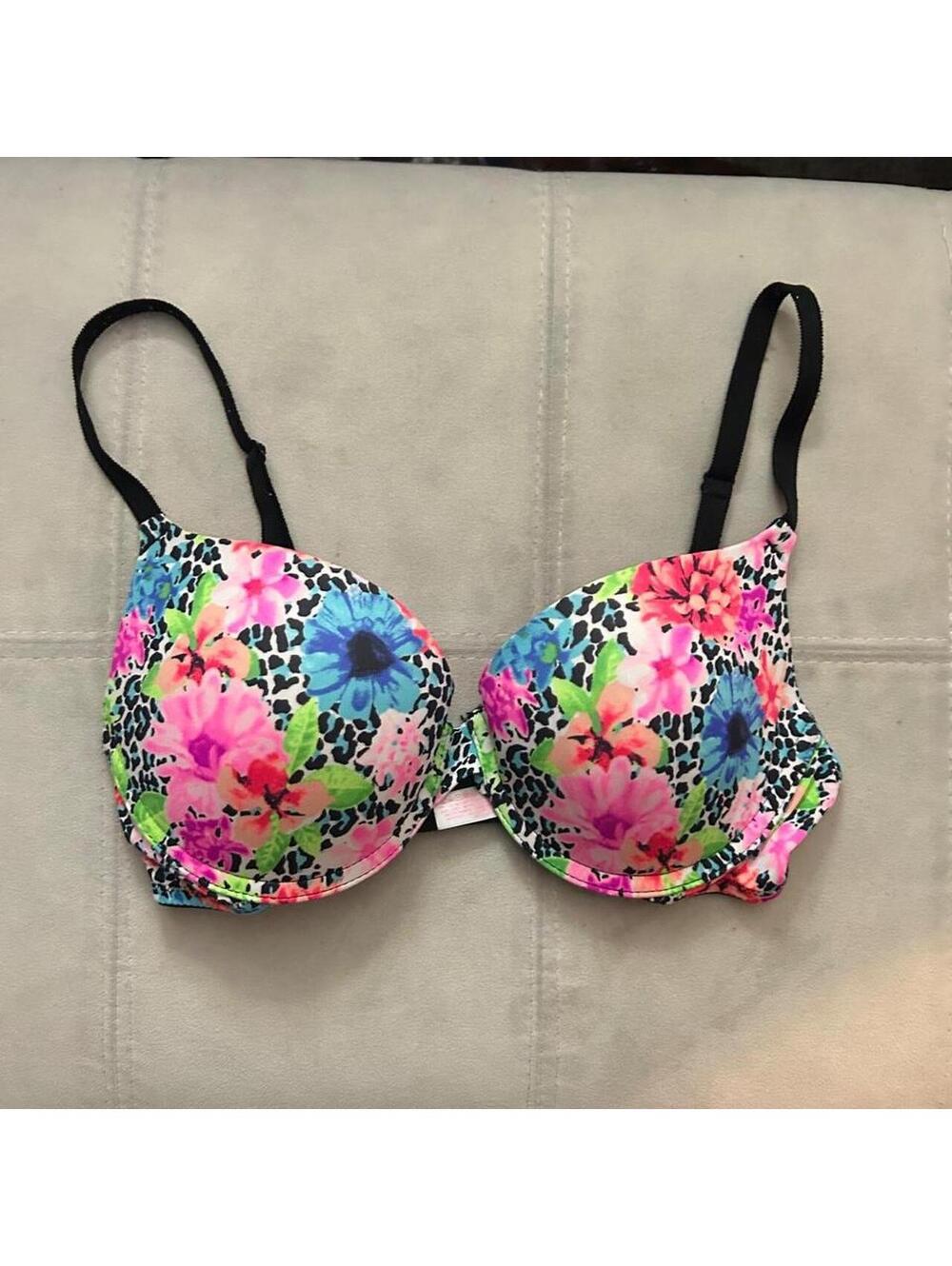 Victoria's Secret PINK floral and leopard print padded push up bra in a 34C